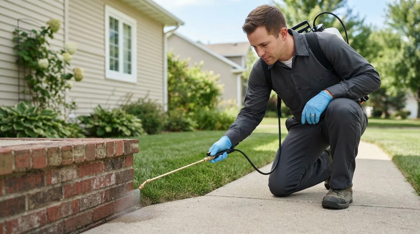 Pest control technician treating a home near Middletown, MO